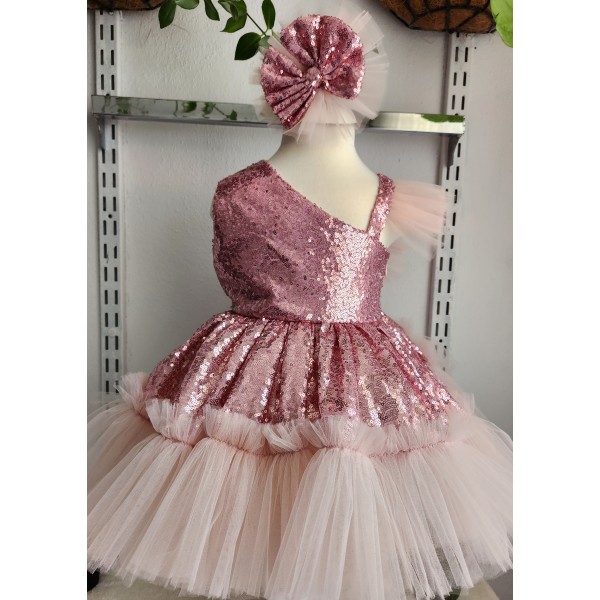 PUDRA PEMBE FIRFIRLI  TEK ASKILI PAYET ELBİSE