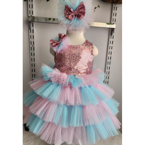 PEMBE TURKUAZ PAYET ELBİSE