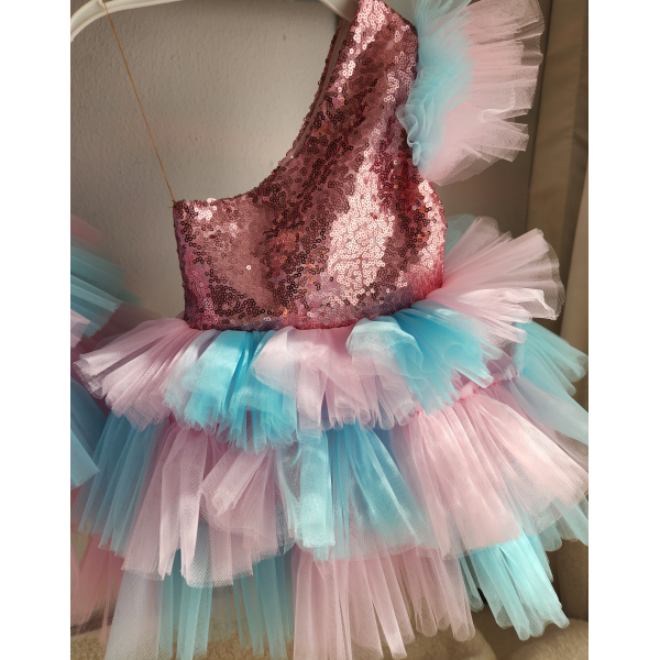 PEMBE TURKUAZ PAYET ELBİSE 2